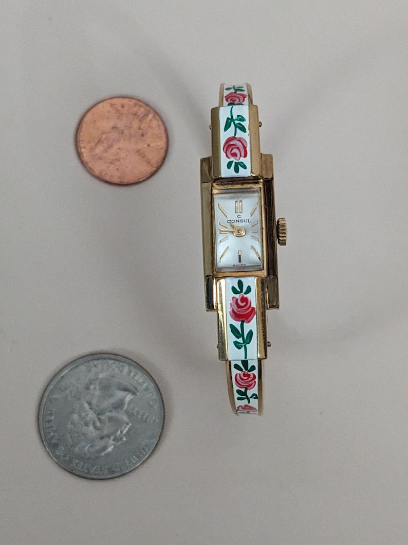 Vintage Consul Manual Gold Tone Watch White with Red Flower Enamel Working image 5