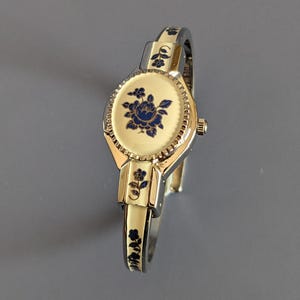 Vintage Andre Mouche Bangle Watch in Beige and Blue Enamel Floral Concealed Dial