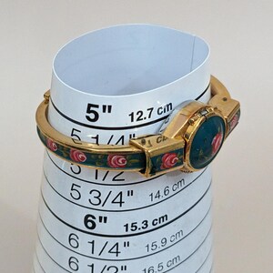 FLAW Vintage Chandler Gold Tone Peek a boo Watch Green Enamel Red Florals image 12