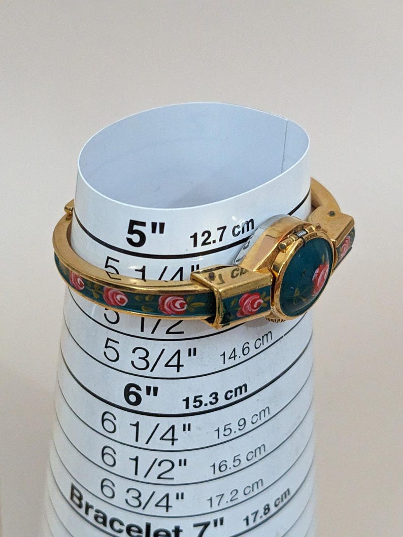 FLAW Vintage Chandler Gold Tone Peek a boo Watch Green Enamel Red Florals image 12