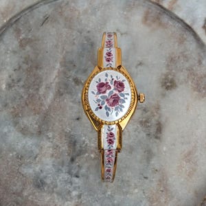 Vintage Andre Mouche Gold Tone Peekaboo Watch Grey Enamel Purple Flowers image 5