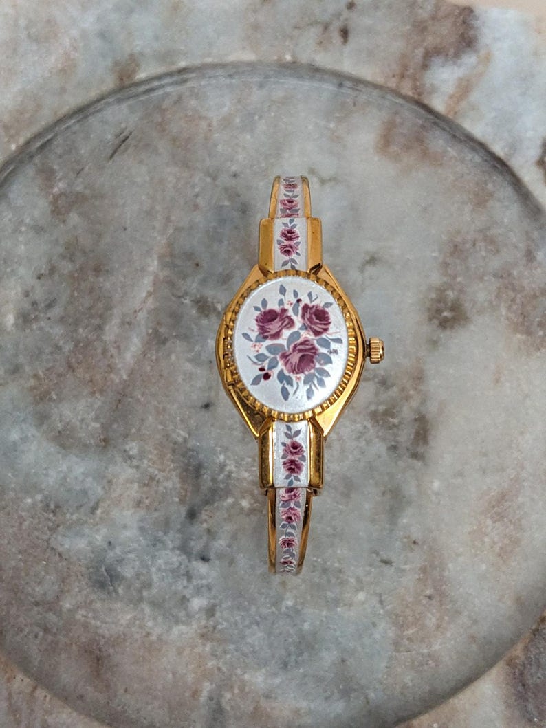 Vintage Andre Mouche Gold Tone Peekaboo Watch Grey Enamel Purple Flowers image 5