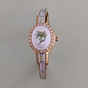 Vintage Andre Mouche Gold Tone Bangle Watch with Silver Floral Enamel Working