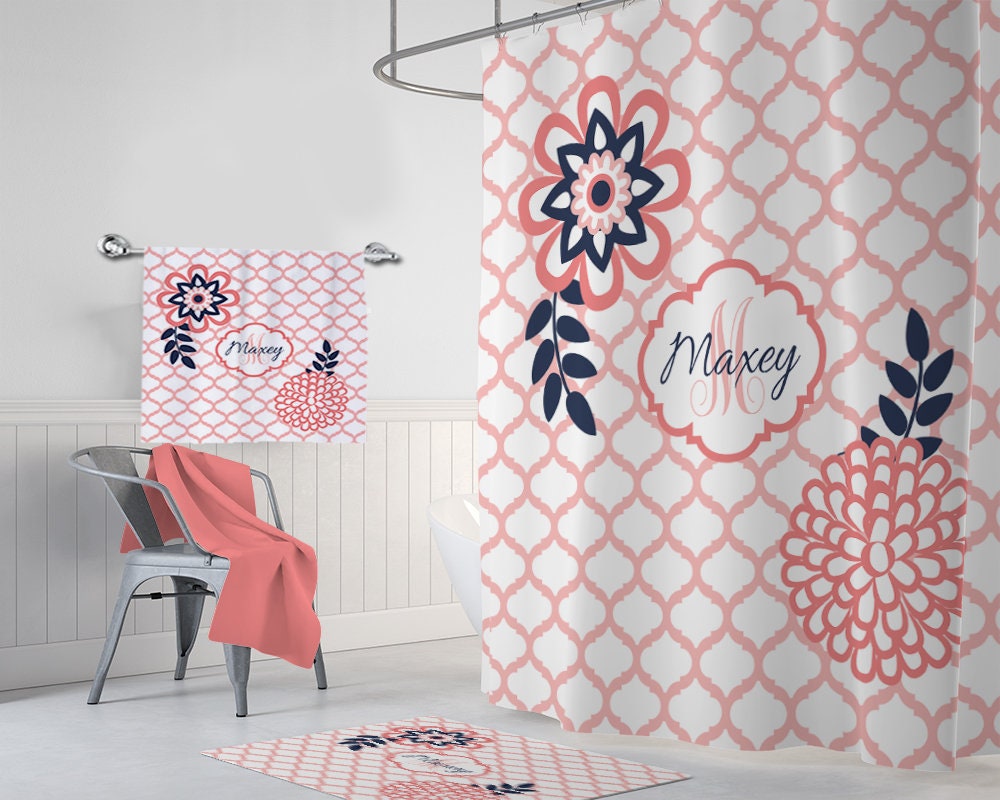 Coral Navy SHOWER CURTAIN Flower Bathroom Decor Custom Etsy