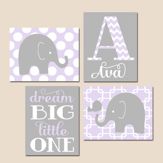 GIRL Elephant Nursery Wall Art Lilac Gray Nursery Decor Baby Etsy