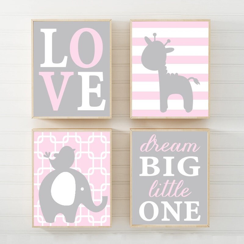 Pink Gray Nursery Wall Art Baby GIRL Nursery Decor ELEPHANT Etsy
