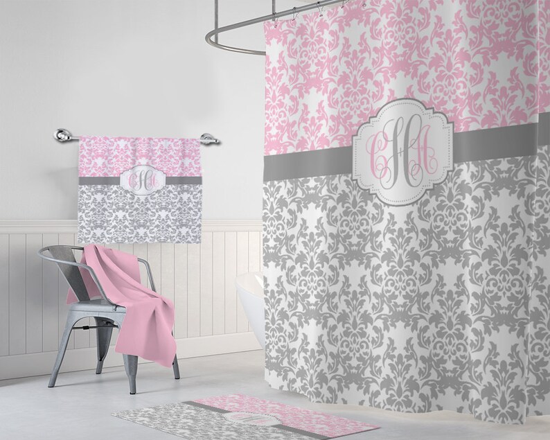 Pink Gray Damask Shower Curtain Pink Gray Monogram Etsy