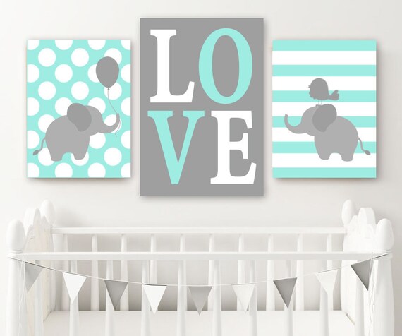 Aqua Gray Nursery Wall Art Canvas or Prints Baby Boy Nursery Decor Elephant Giraffe Tree Jungle Safari Animals Set of 3 Crib Decor 8x10 inch