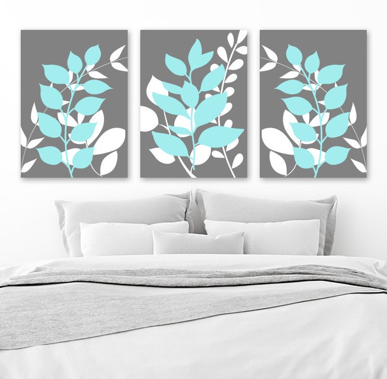 Gray Aqua Wall Art Bedroom Wall Decor Leaves Canvas Or Prints Leaf Bathroom Decor Foliage Wall Decor Flower Art Set Of 3 Home Decor
