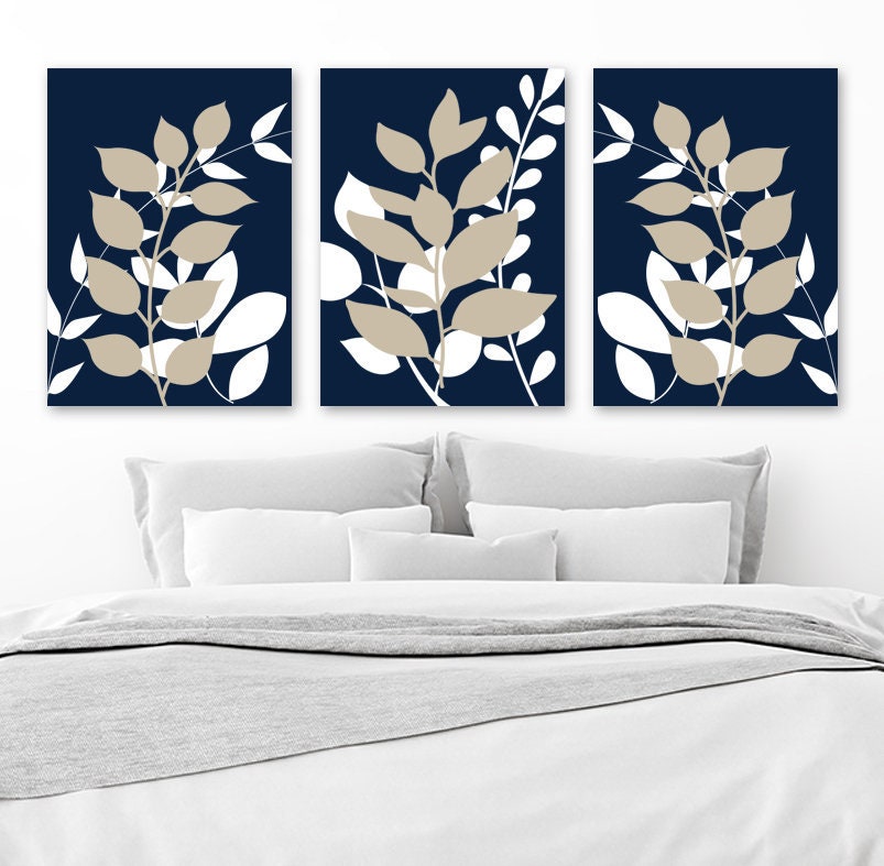 Navy Beige Wall Art Bedroom Wall Decor Leaves Canvas Or Prints Leaf Bathroom Decor Foliage Wall Decor Flower Art Set Of 3 Home Decor