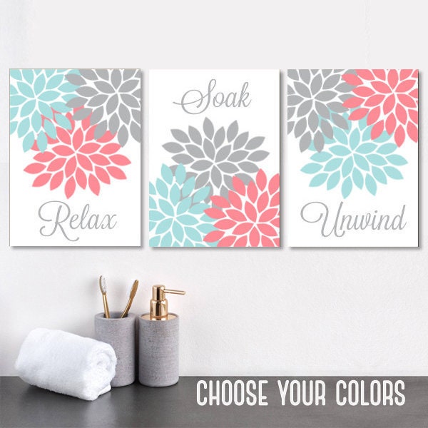 Aqua Coral Gray BATHROOM Wall Art CANVAS or Prints Floral Etsy