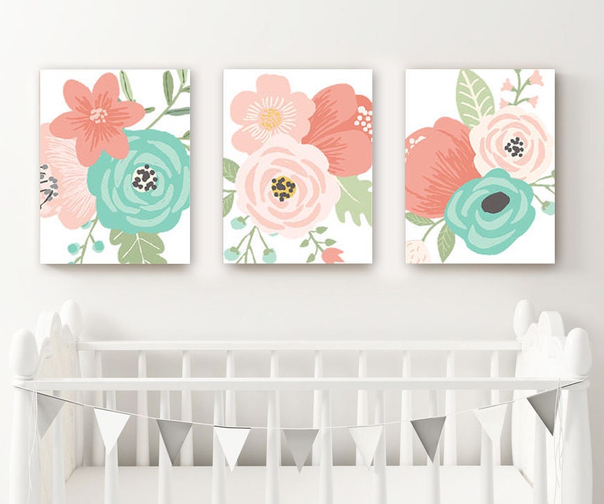 Flower Wall Art Aqua Coral Flower Coral Aqua Nursery Art | Etsy