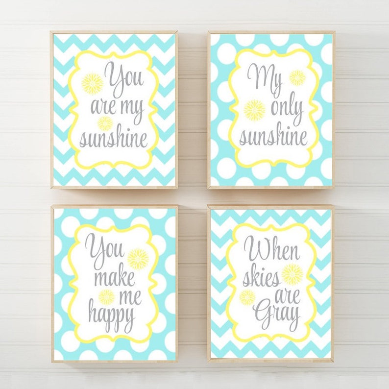 You Are My Sunshine Wall Art Canvas Or Print Yellow Aqua Baby Girl Nursery Decor Rhyme E Set Of 4