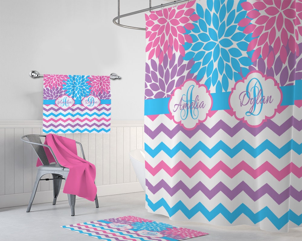 Pink Purple Blue SHOWER CURTAIN Flower Chevron Bathroom Etsy