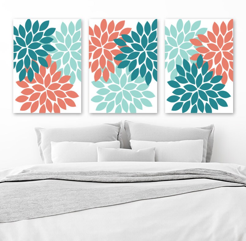 Teal Aqua Coral Wall Art Flower Bedroom Canvas or Prints Etsy