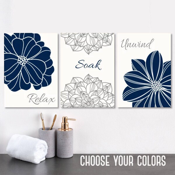 NAVY GRAY BATHROOM Wall Art Canvas or Print Navy Gray Flower Etsy