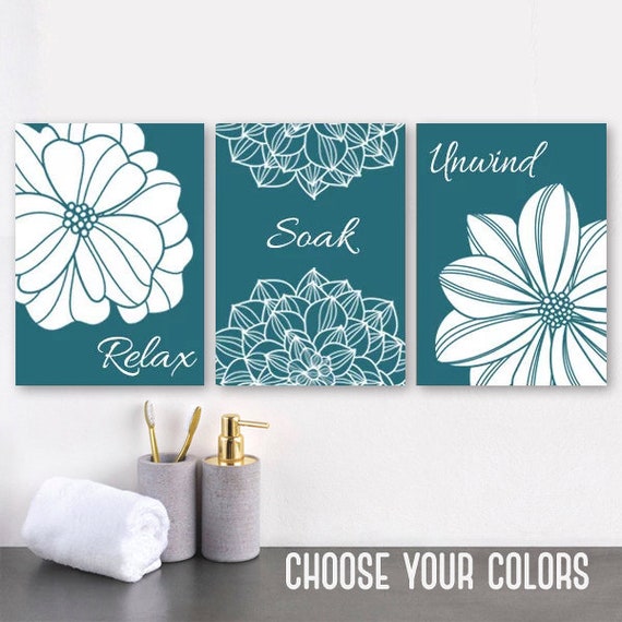 Teal BATHROOM Wall Art Teal Flower Bathroom Decor CANVAS or Etsy