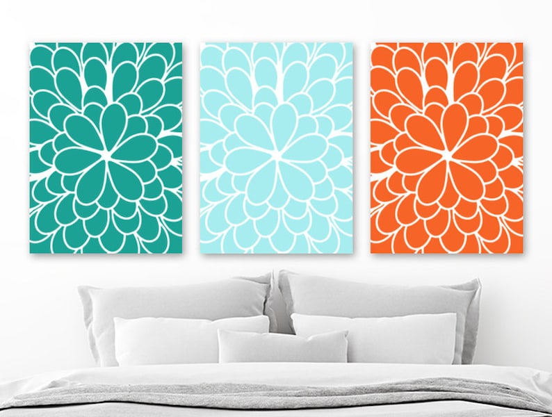 Teal Orange Flower Wall Art Canvas Or Print Teal Orange Aqua Etsy