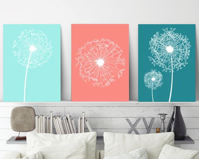 Dandelion Wall Art Coral Aqua Teal Bedroom Pictures Dandelion Decor Canvas Or Prints Bathroom Decor Dorm Room Decor Set Of 3 Pictures