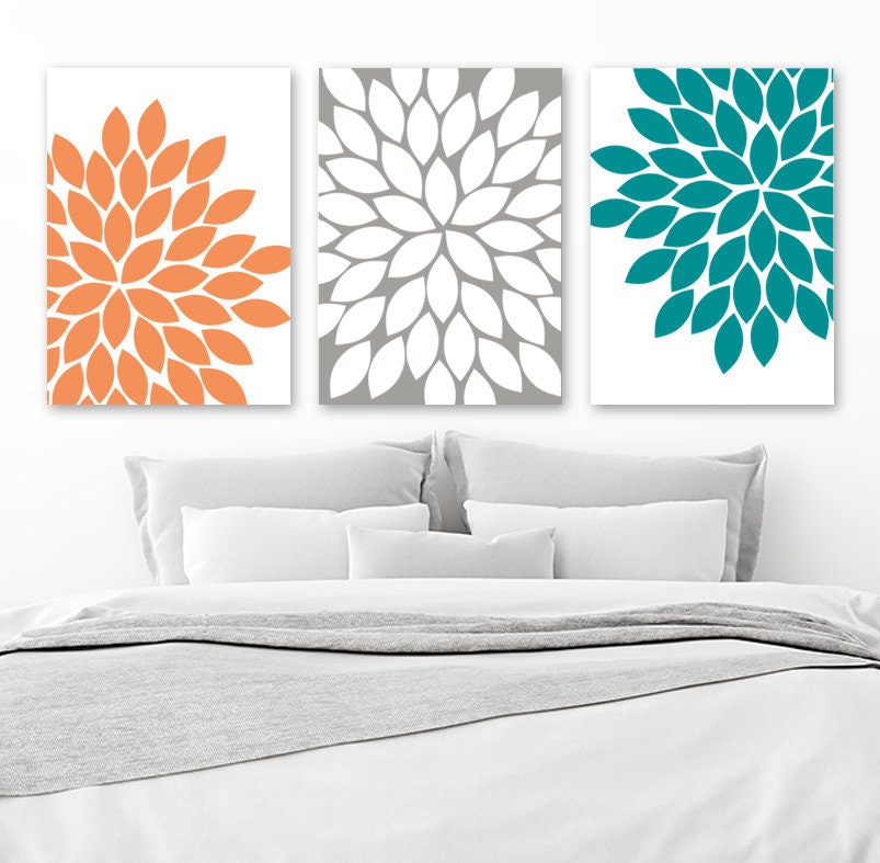 Orange Gray Teal Wall Art Canvas Or Prints Bathroom Decor Bedroom Wall Decor Flower Wall Art Flower Burst Dahlia Set Of 3 Home Decor