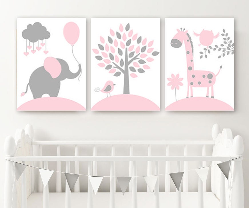 PINK GRAY Nursery Decor CANVAS or Print Baby Girl Jungle Etsy