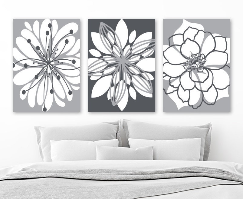 GRAY Flower Wall Art Canvas or Prints Floral Gray Bathroom Etsy
