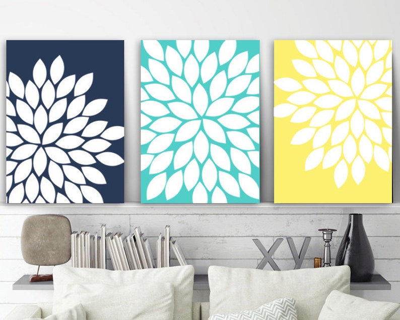 Navy Aqua Yellow Wall Art Flower Fl Bedroom