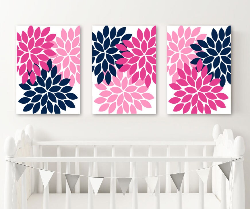 Hot Pink Navy Wall Art Canvas or Print Flower Burst Decor Etsy