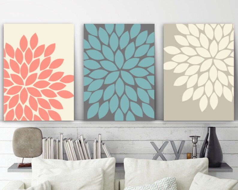 Coral Wall Art Coral Bedroom Wall Decor Canvas Or Print Coral Beige Bathroom Decor Flower Wall Art Flower Burst Petals Artwork Set Of 3