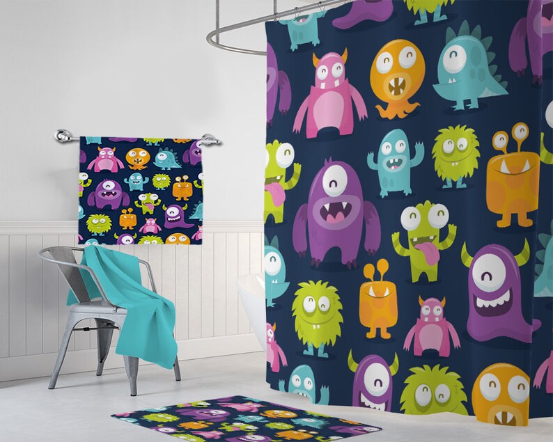 monster shower curtain, monster bathroom decor, shared boy girl bathroom,  sister brother bathroom custom monogram bathroom towel mat set