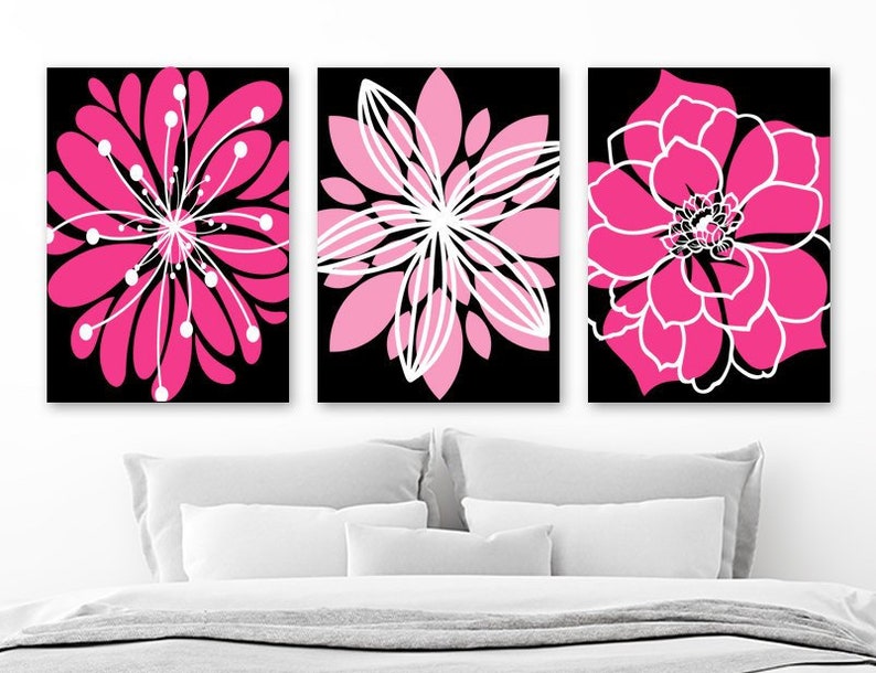 Black Hot Pink Flower Wall Art Canvas Or Prints Hot Pink Etsy