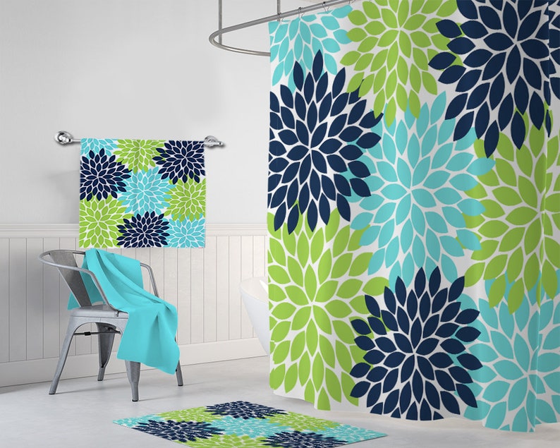 Navy Turquoise Lime Flower Shower Curtain Flower Bathroom Etsy