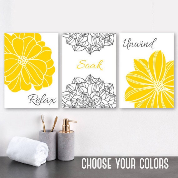 YELLOW Gray BATHROOM Wall Art Canvas or Prints Flower Etsy