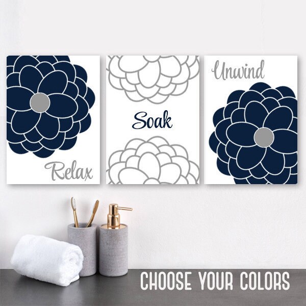 Navy Gray BATHROOM Wall Art CANVAS or Prints Navy Gray Etsy