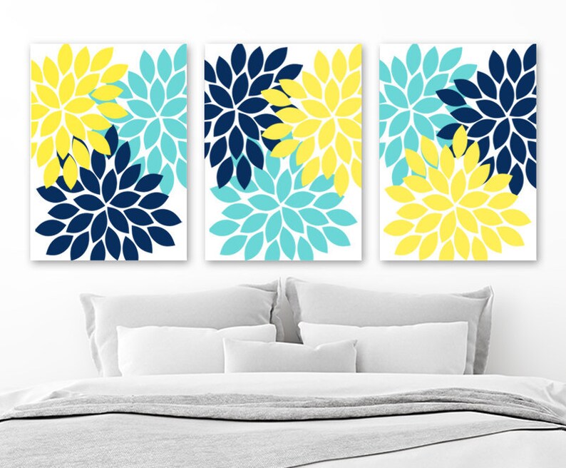 Navy Blue Yellow Aqua Bedroom Wall Decor