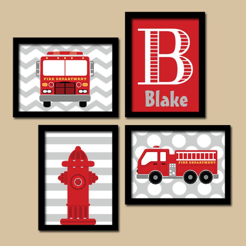 Fire Truck Wall Art Fire Truck Nursery Decor Canvas Oder Prints Big Boy Bedroom Fireman Artwork Fire Truck Gift Set Of 4 Wall Decor