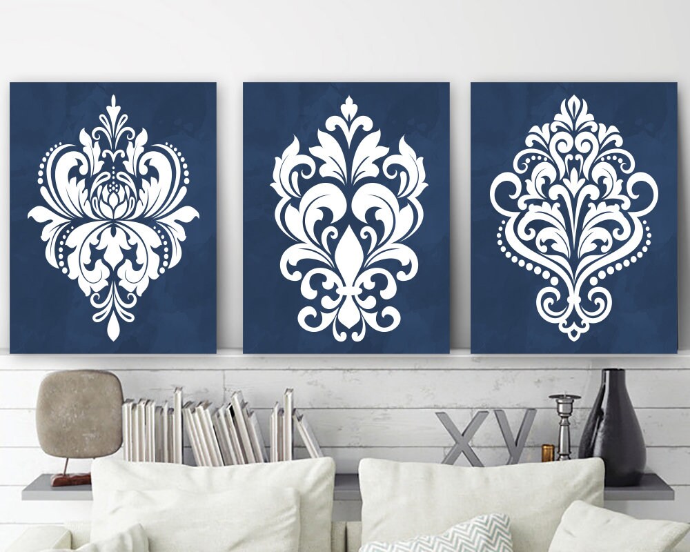 Navy Damask Wall Art Navy Bedroom Wall Decor Canvas or Etsy