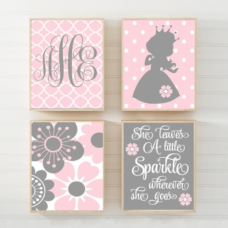 Princess Wall Art Canvas Or Prints Baby Girl Nursery Decor Monogram Pink Gray Birthday Set Of 4