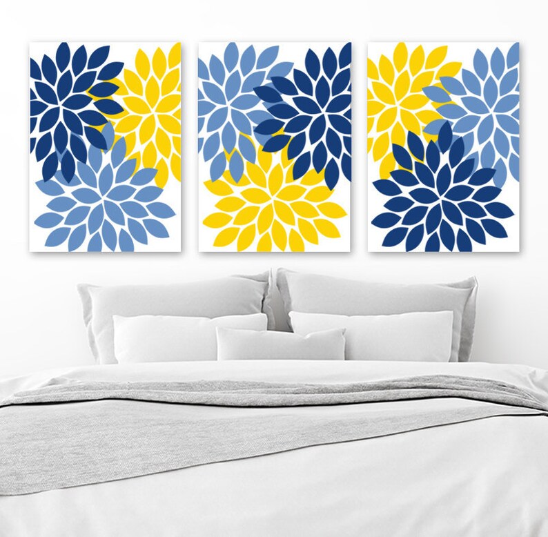 Flower Wall Art Navy Blue Yellow Bedroom Canvas Or Print Navy Yellow Bathroom Decor Floral Kitchen Wall Art Floral Artwork Set Of 3