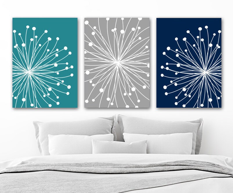 DANDELION Wall Art CANVAS or Prints Teal Gray Navy Bedroom Etsy