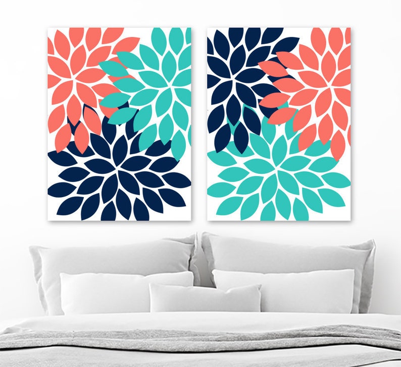 Coral Turquoise Navy Wall Art Flower Canvas Or Prints Coral Turquoise Navy Bathroom Decor Coral Navy Bedroom Wall Decor Set Of 2 Pictures