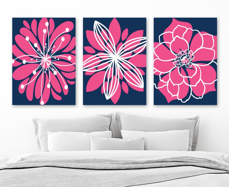 Navy Hot Pink Decor Flower Navy Pink Bedroom Wall Art Decor Canvas Or Prints Navy Pink Nursery Decor Flower Bathroom Decor Set Of 3 Art