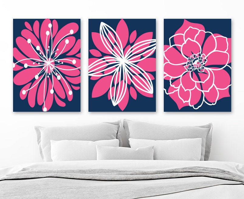 Navy Hot Pink Decor Flower Navy Pink Bedroom Wall Art Decor Etsy