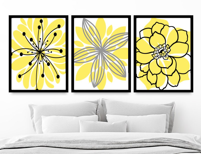 Yellow Black Flower Wall Art Yellow Black Floral Bedroom Etsy