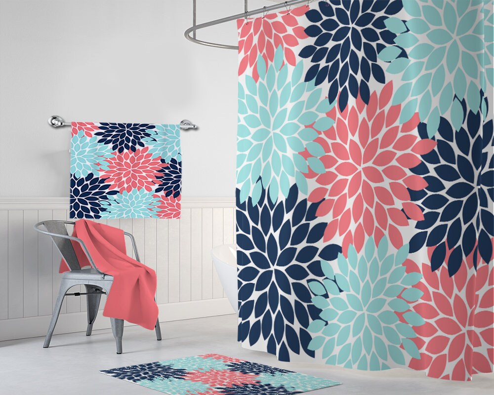 Coral Navy Aqua SHOWER CURTAIN Flower Bathroom Decor Flower Etsy