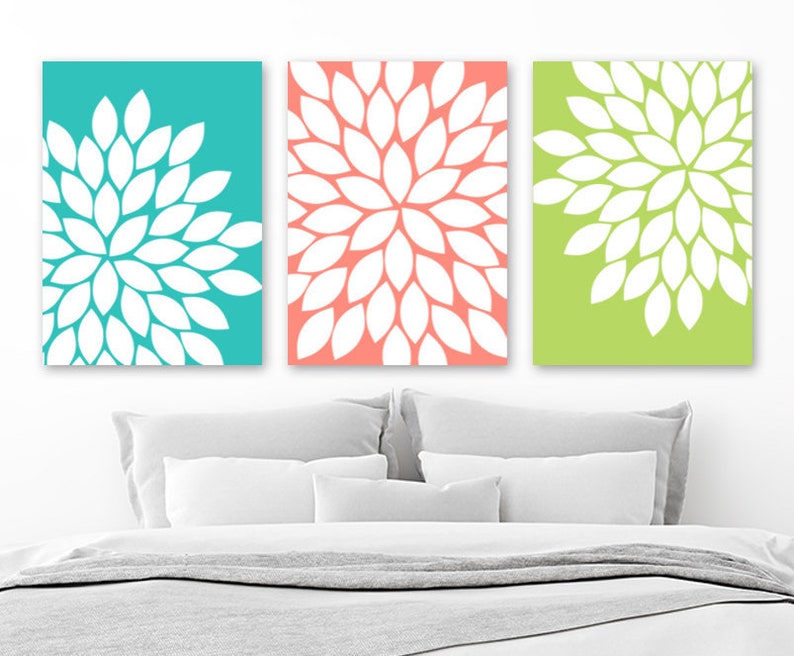 Flower Bedroom Wall Art Canvas Or Prints Turquoise Coral Lime Floral Bedroom Wall Decor Floral Turquoise Coral Bathroom Artwork Set Of 3