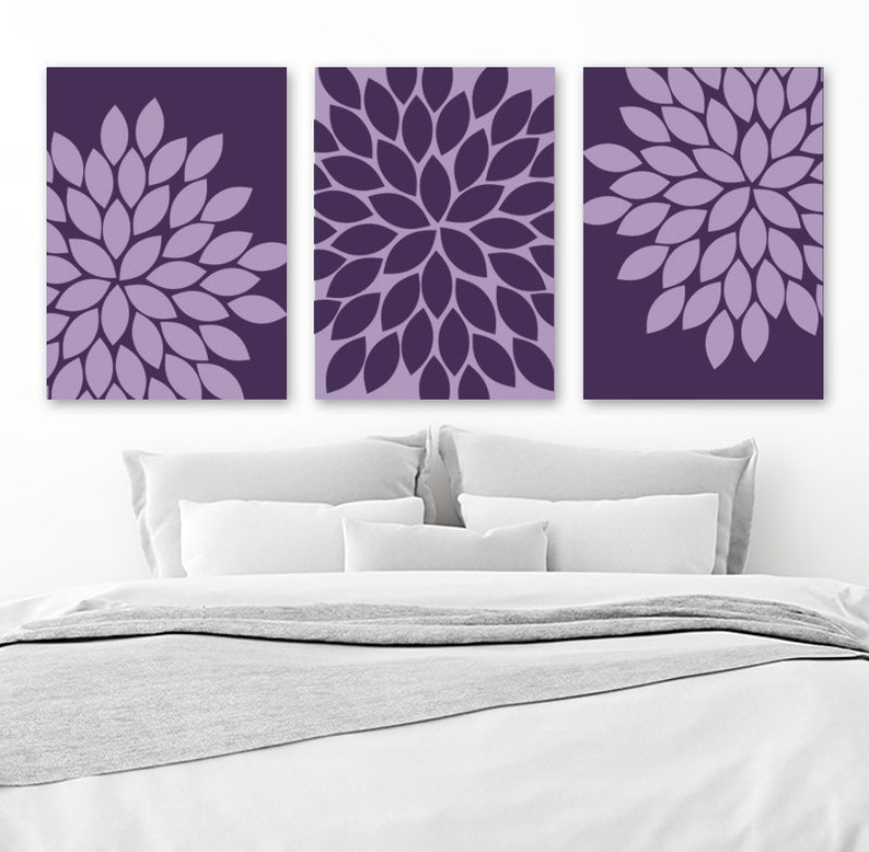Purple Wall Art Bedroom Decor Canvas Or Prints Bathroom Flower Set Of 3 Home