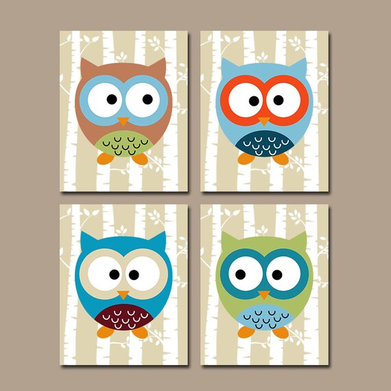 Items similar to Boy OWL Wall Art CANVAS or Prints Owl Nursery Birch