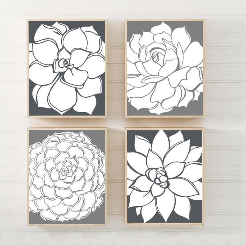 Gray Flower Wall Art Gray Bathroom Decor Succulent Flower Etsy
