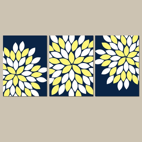 Navy Yellow Flower Wall Art Flower Bedroom Wall Decor CANVAS | Etsy